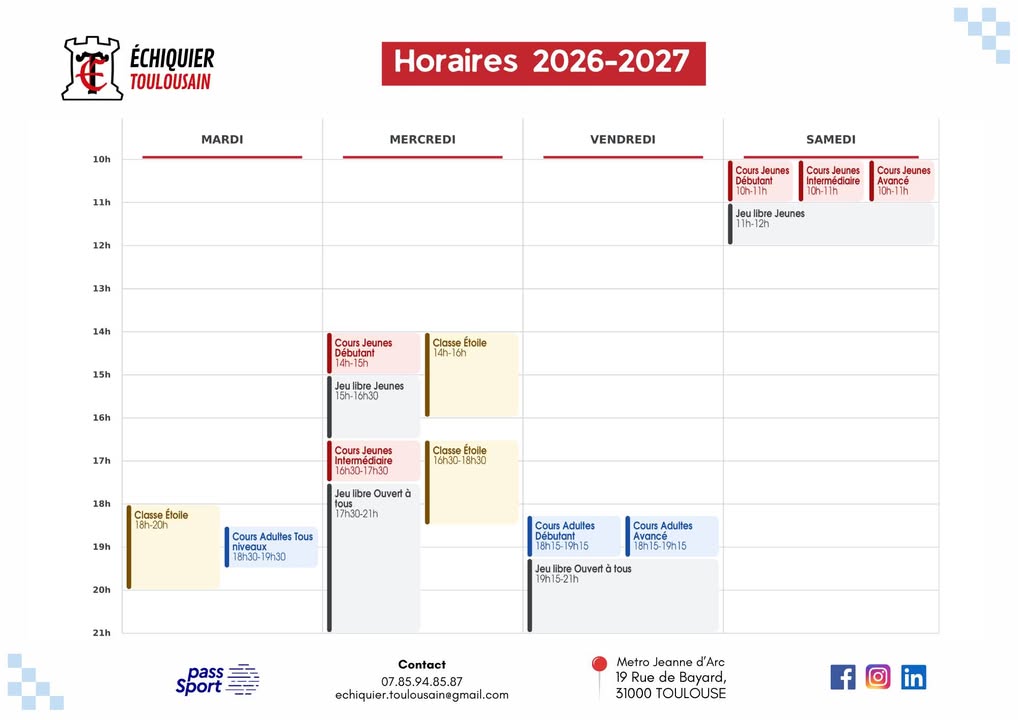 Nouvelle saison, nouveaux horaires !
Nous sommes ravis de vous retrouver et de vous proposer deux créneaux de cours supplémentaires pour les jeunes le mercredi, de 14h à 15h et de 16h30 à 17h30.
Journée Portes Ouvertes le mercredi 2 septembre de 14h à 21h et réouverture du club à partir du mardi 8 septembre.
Les adhésions sont ouvertes sur HelloAsso :
https://www.helloasso.com/associations/echiquier-toulousain
Pour toute question, n’hésitez pas à nous contacter en message privé.
À très bientôt au club !